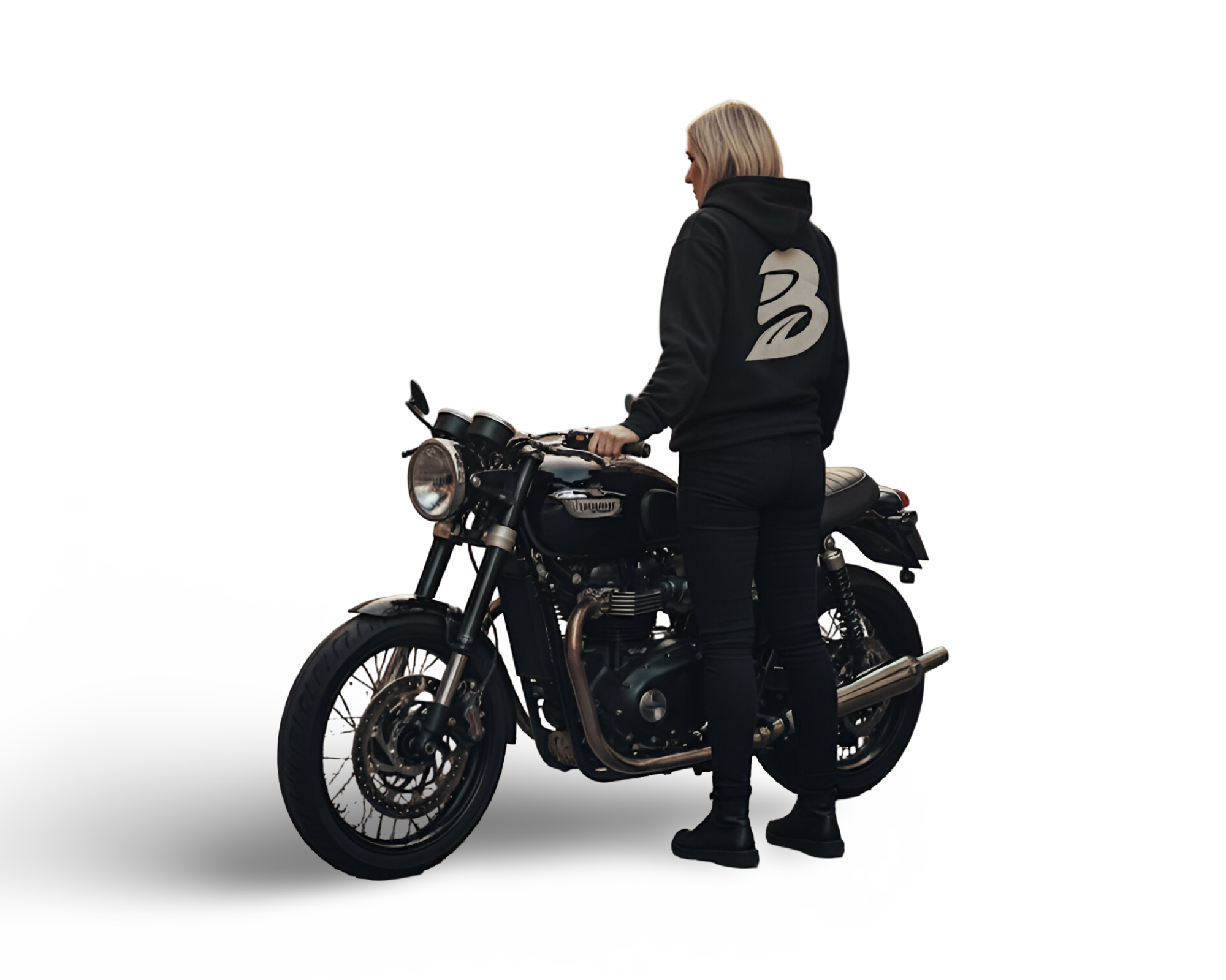 Person wearing a black Brontailia hoodie standing beside a black Triumph-style motorcycle.